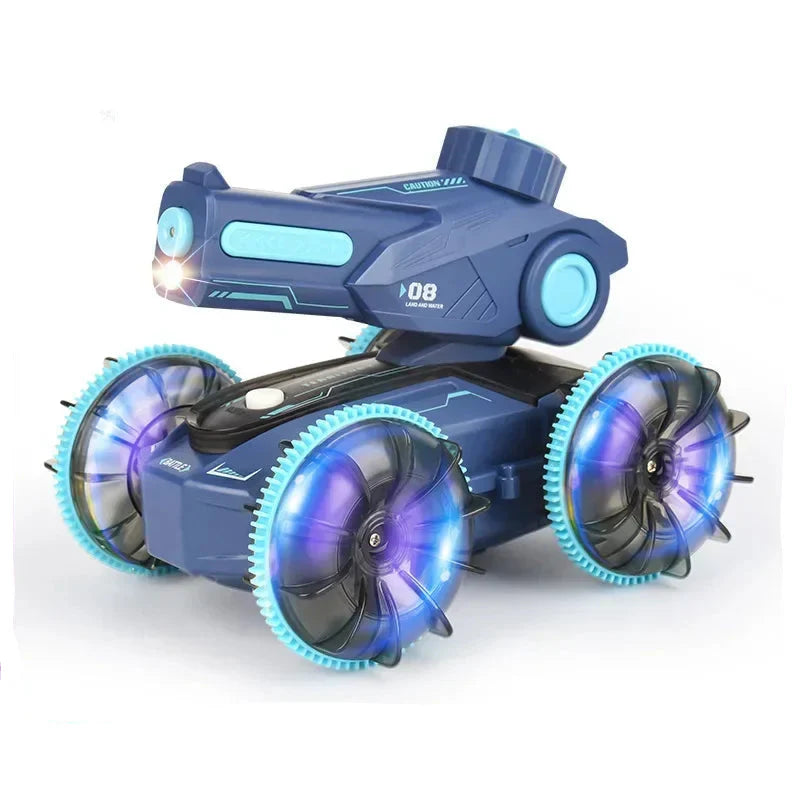 Blue amphibious RC car with turquoise trim, a water cannon, and illuminated wheels.