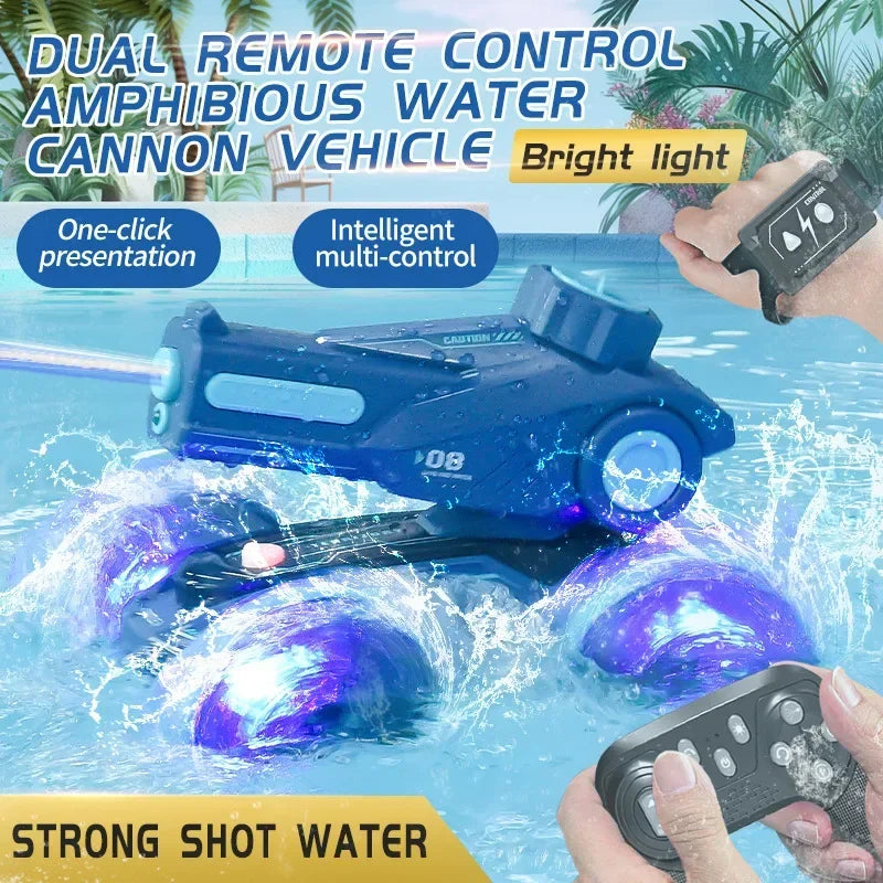 Blue RC car with glowing wheels and a water spray, shown with two remote control styles.
