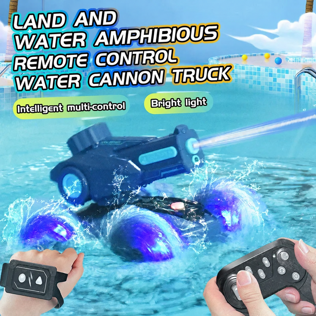 Blue amphibious RC car spraying water with illuminated wheels and two controller styles shown.