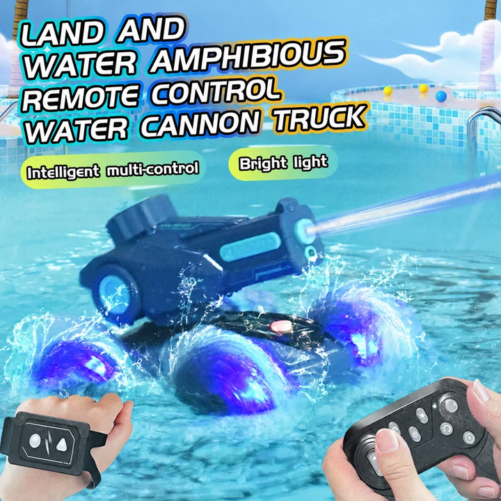 Blue amphibious RC car spraying water with illuminated wheels and two controller styles shown.