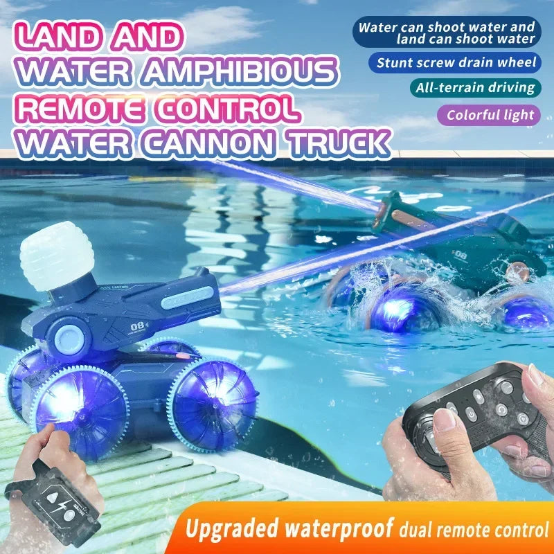 Blue and green RC cars spraying water in a pool, with handheld and wrist-style controllers shown.
