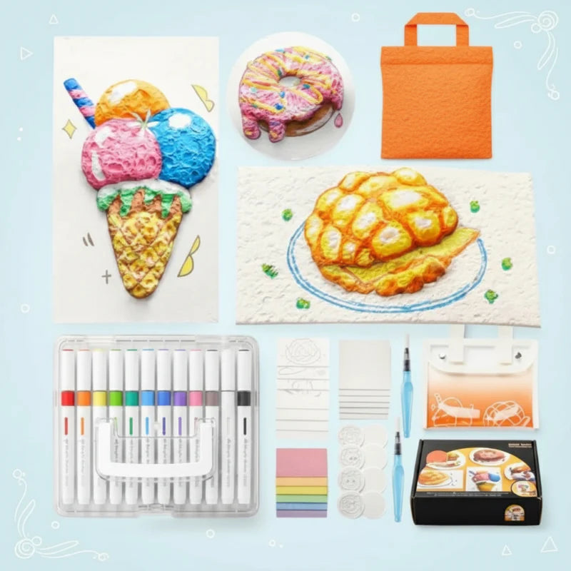 Sponge art supplies arranged with raised ice cream, doughnut, and bun designs