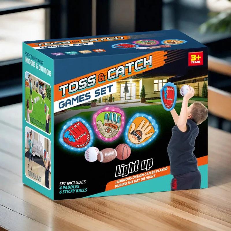 Toss-and-catch game packaging showing sports-themed paddles and balls