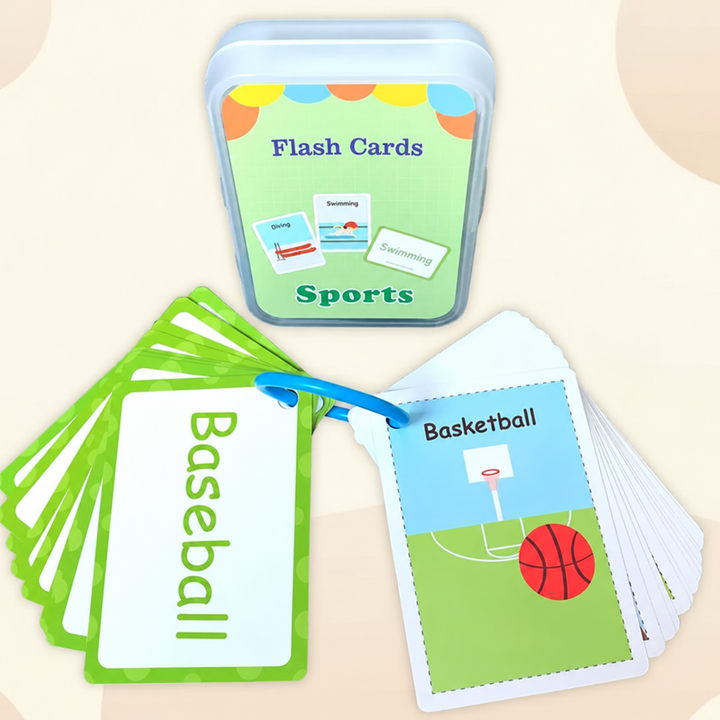 Sports flash cards with baseball and basketball examples, a ring, and storage case.