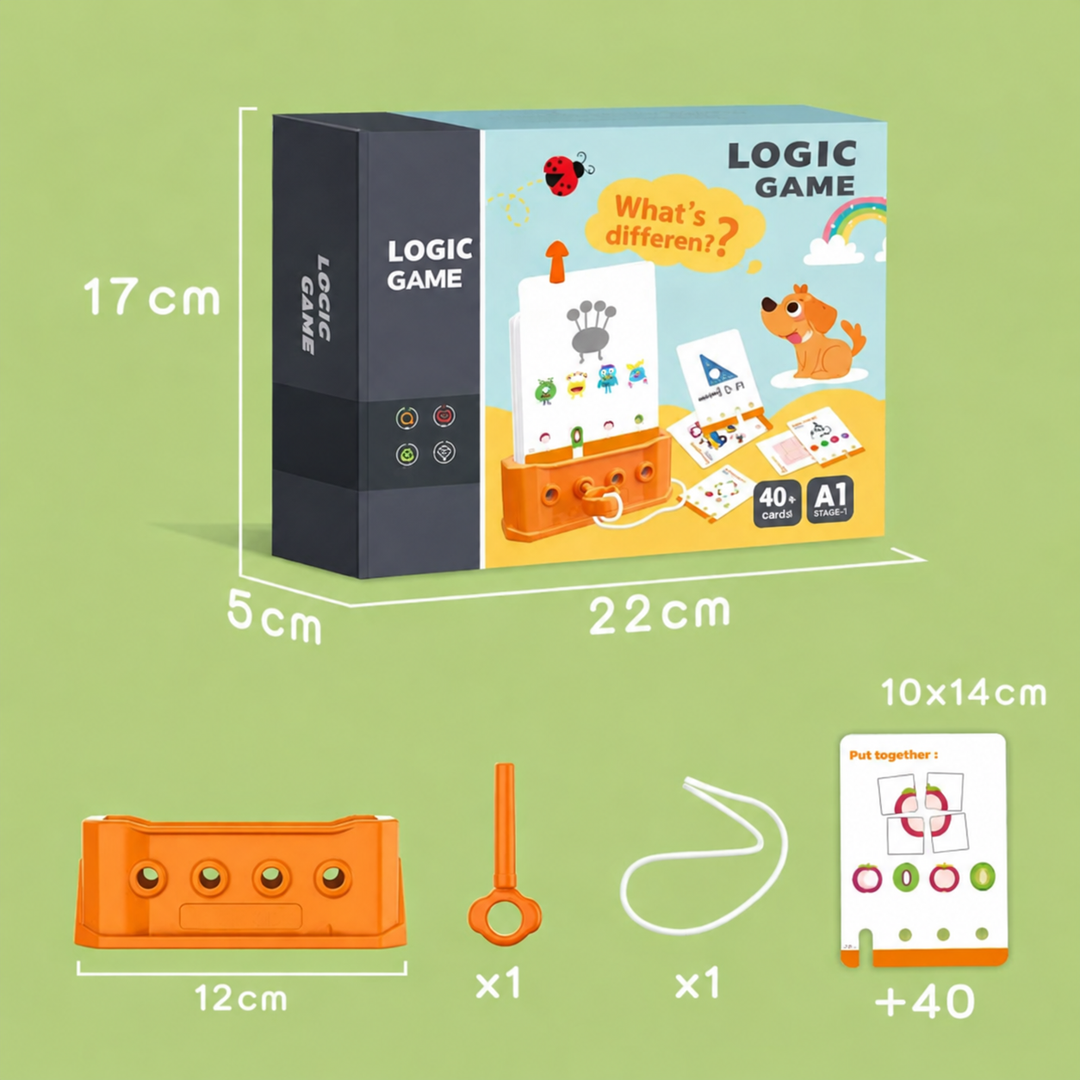 Spot the Differences set with orange board, pointer, cord, 40 cards and package measurements.