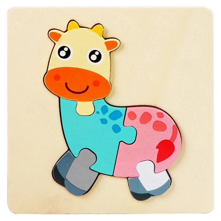 Long-necked spotted animal wooden jigsaw puzzle with turquoise and pink body pieces