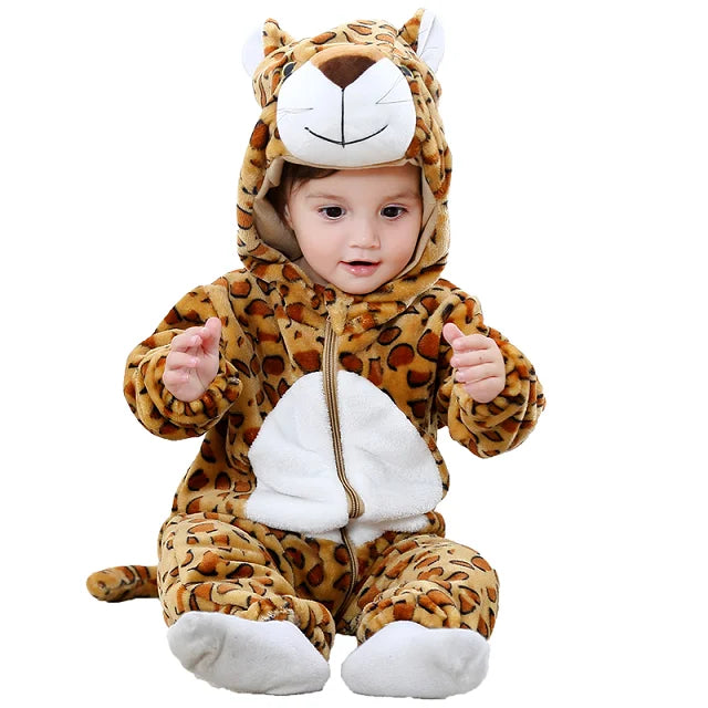 Baby wearing a spotted cat romper with a white belly panel and matching character hood.