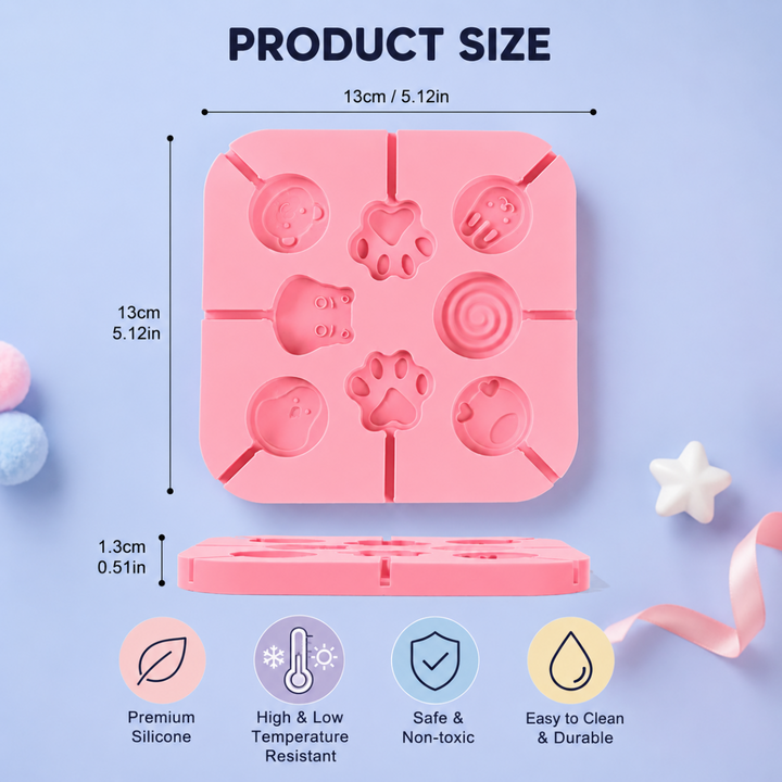 Dimension chart for a square animal lollipop mold measuring 13 x 13 x 1.3 cm