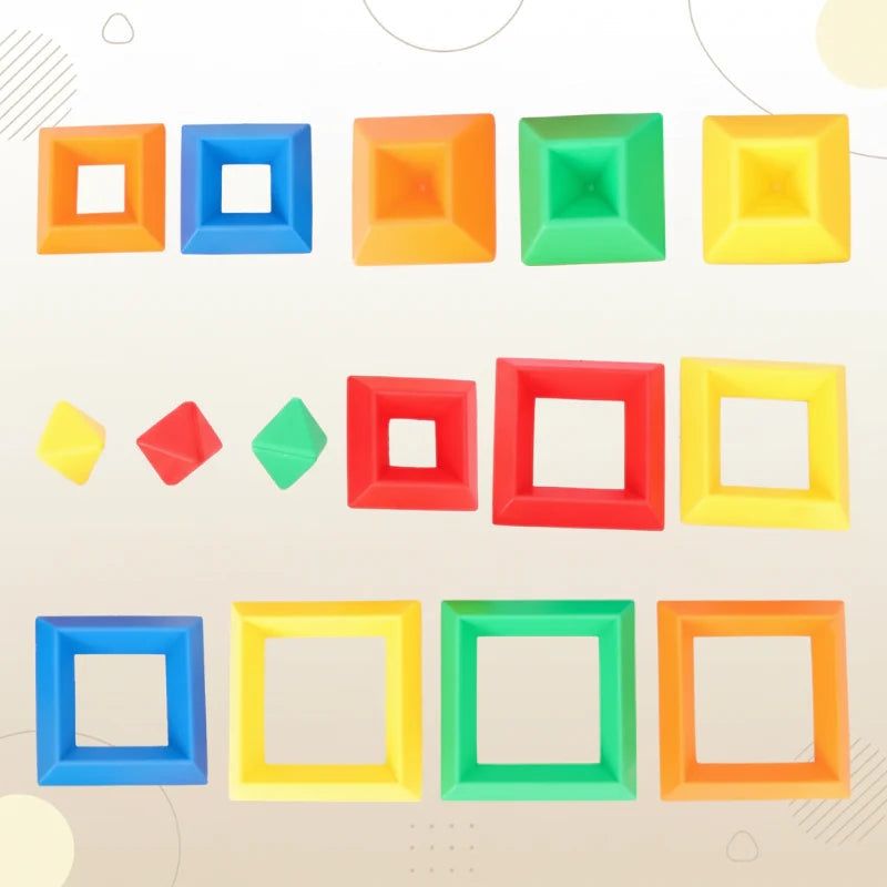 Multicolored stacking pieces laid out to show pointed tops and square frames in different sizes