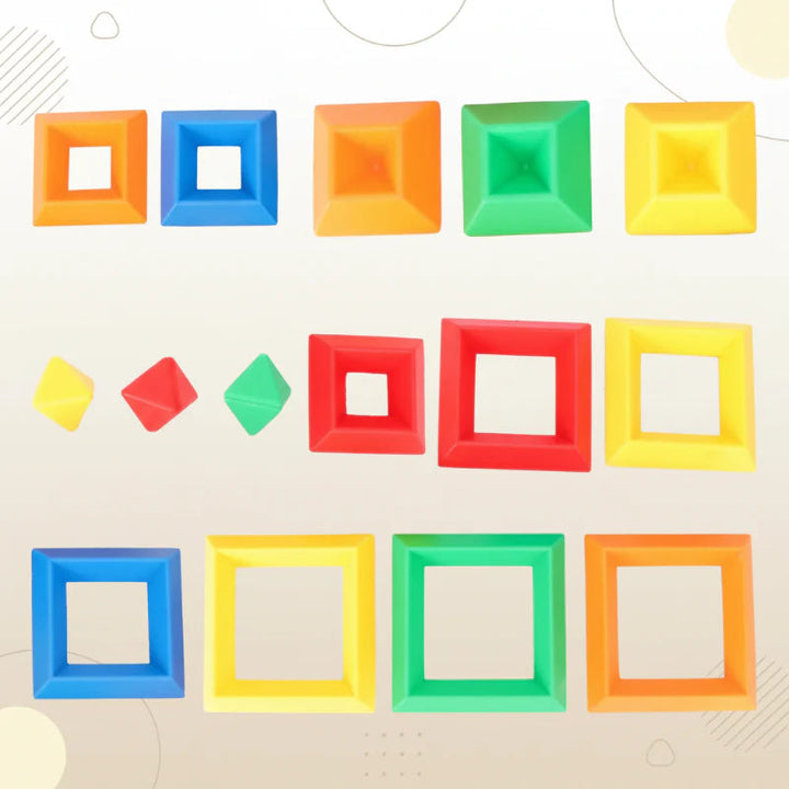 Multicolored stacking pieces laid out to show pointed tops and square frames in different sizes