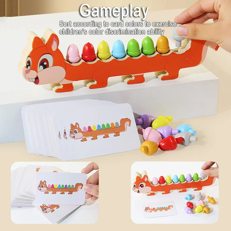 Hand placing a colored peg on a squirrel sorting board beside a matching pattern card