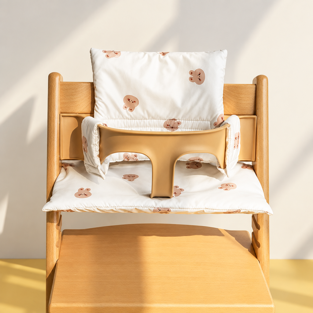 Squirrel-print cushion on a wooden high chair, with padded seat and backrest