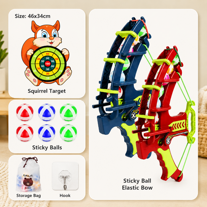 Squirrel target with sticky balls, a storage bag, a hook, and red and blue launcher options