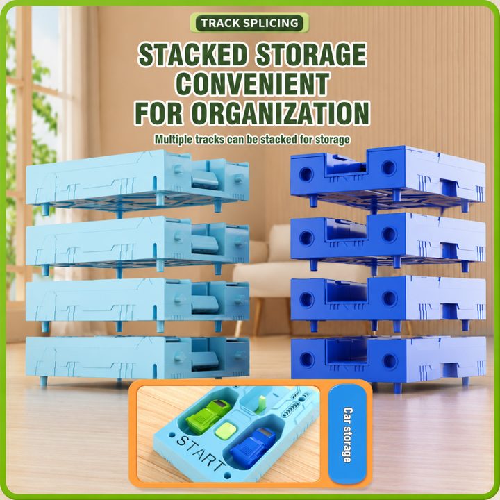 Blue track sections stacked for storage with a starting track shown below