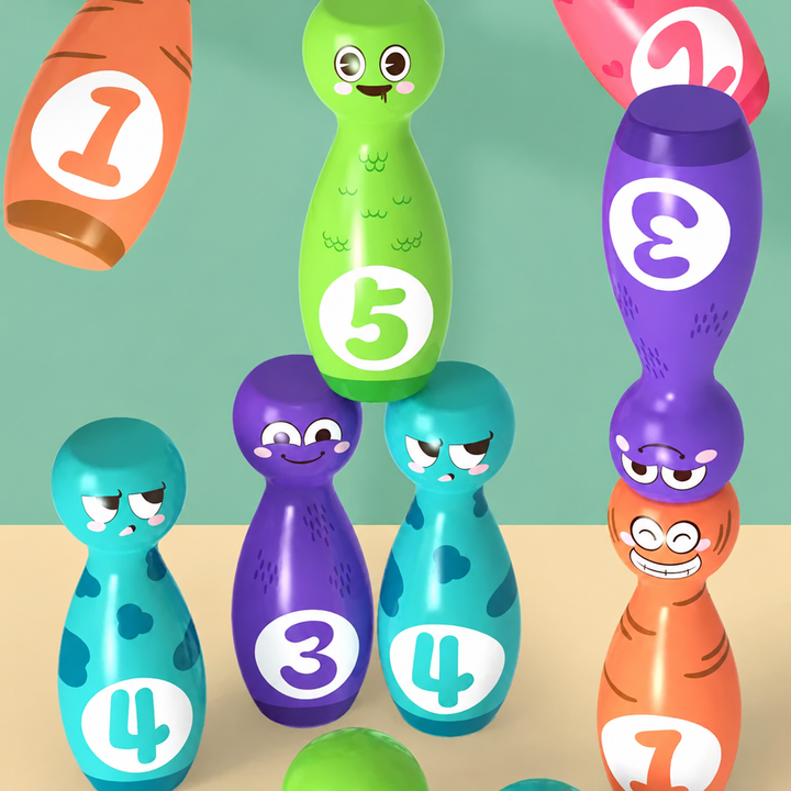 Close-up of colorful numbered bowling pins balanced in stacks