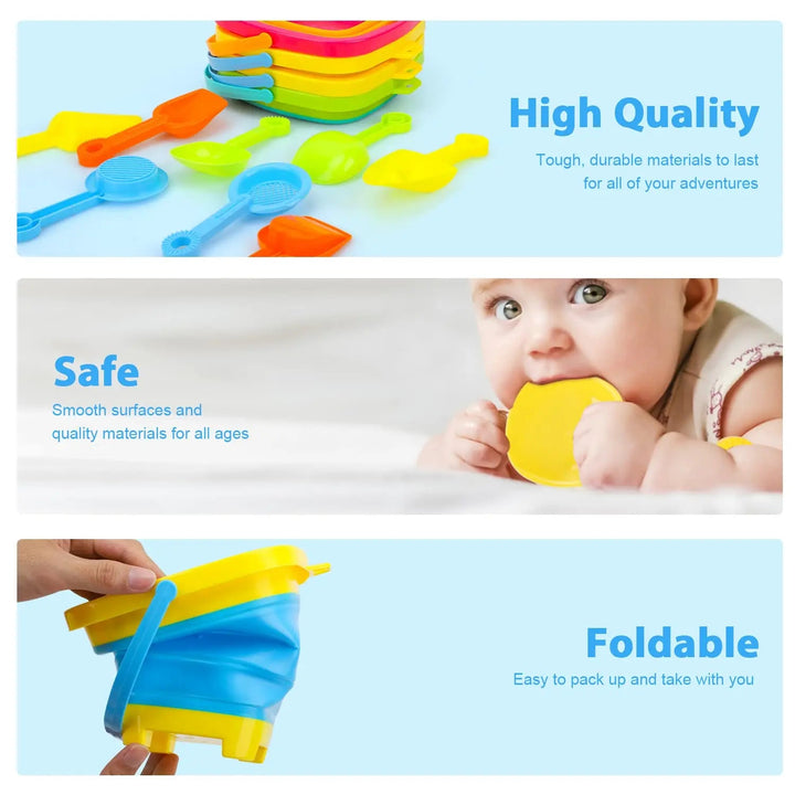 Product panels show stacked colorful buckets and a blue bucket carried by its handle