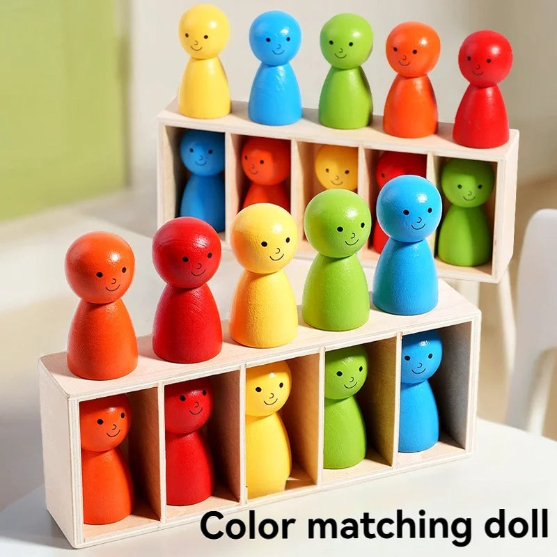 Two racks filled with colorful wooden figures for a color-matching activity