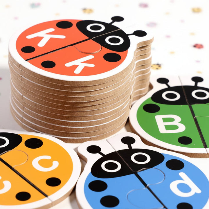 Stack of wooden ladybug letter puzzles beside green, yellow, and blue matching pairs