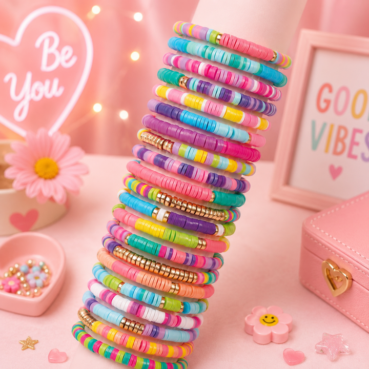 Tall stack of colorful bead bracelets in pink, purple, blue, green, and yellow