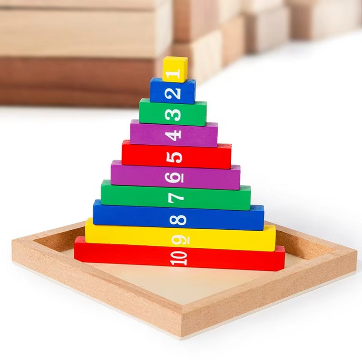 Numbered wooden rods stacked from a long red 10 piece to a small yellow 1 piece