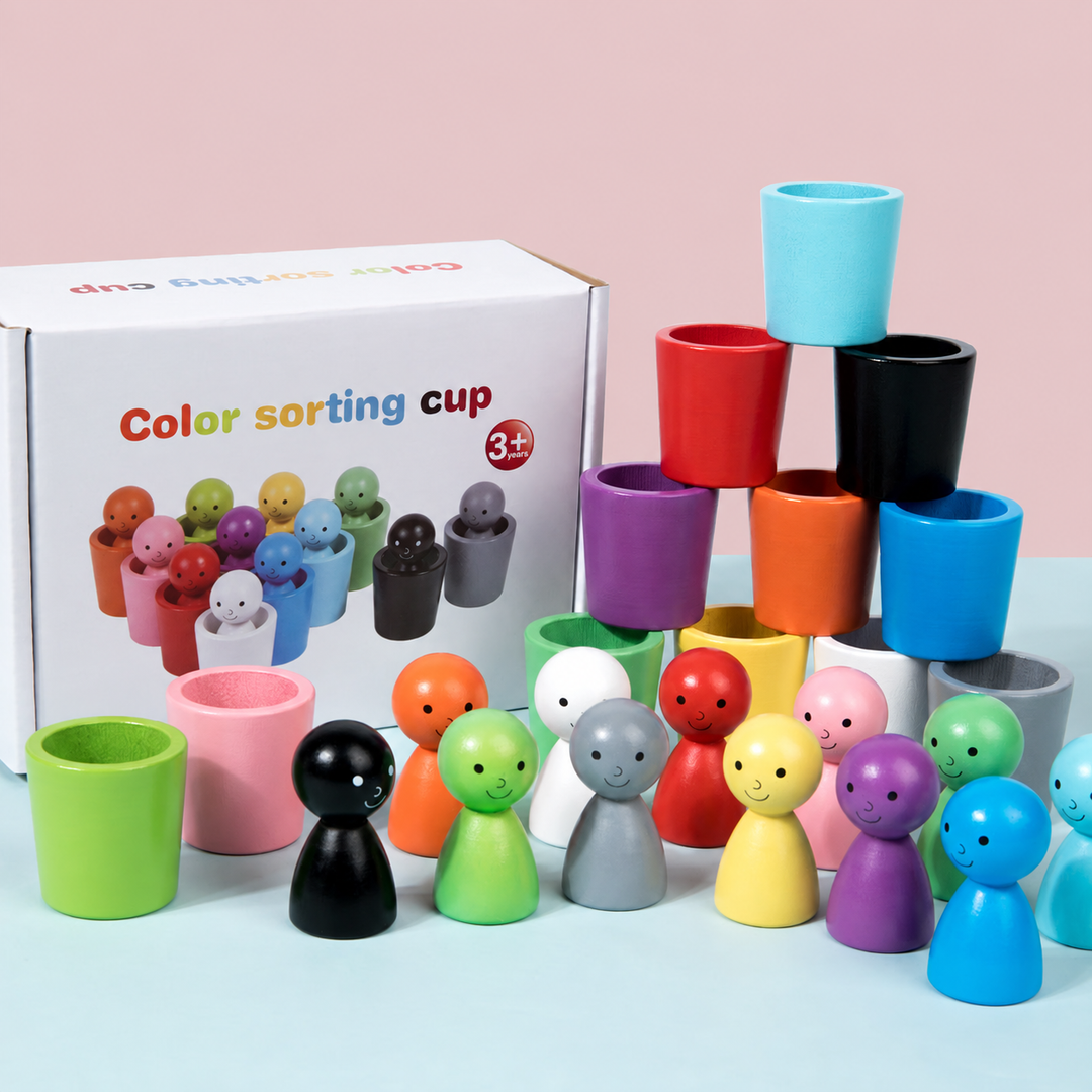 Wooden sorting cups stacked beside colorful figures and the product box