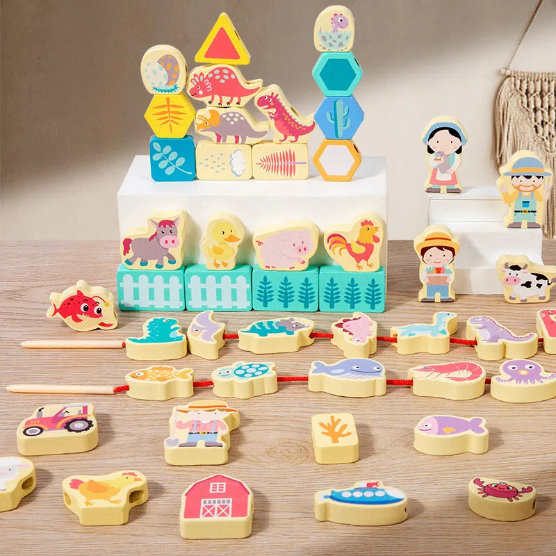 Wooden animal, dinosaur, and people beads displayed upright, stacked, and laid on a table.