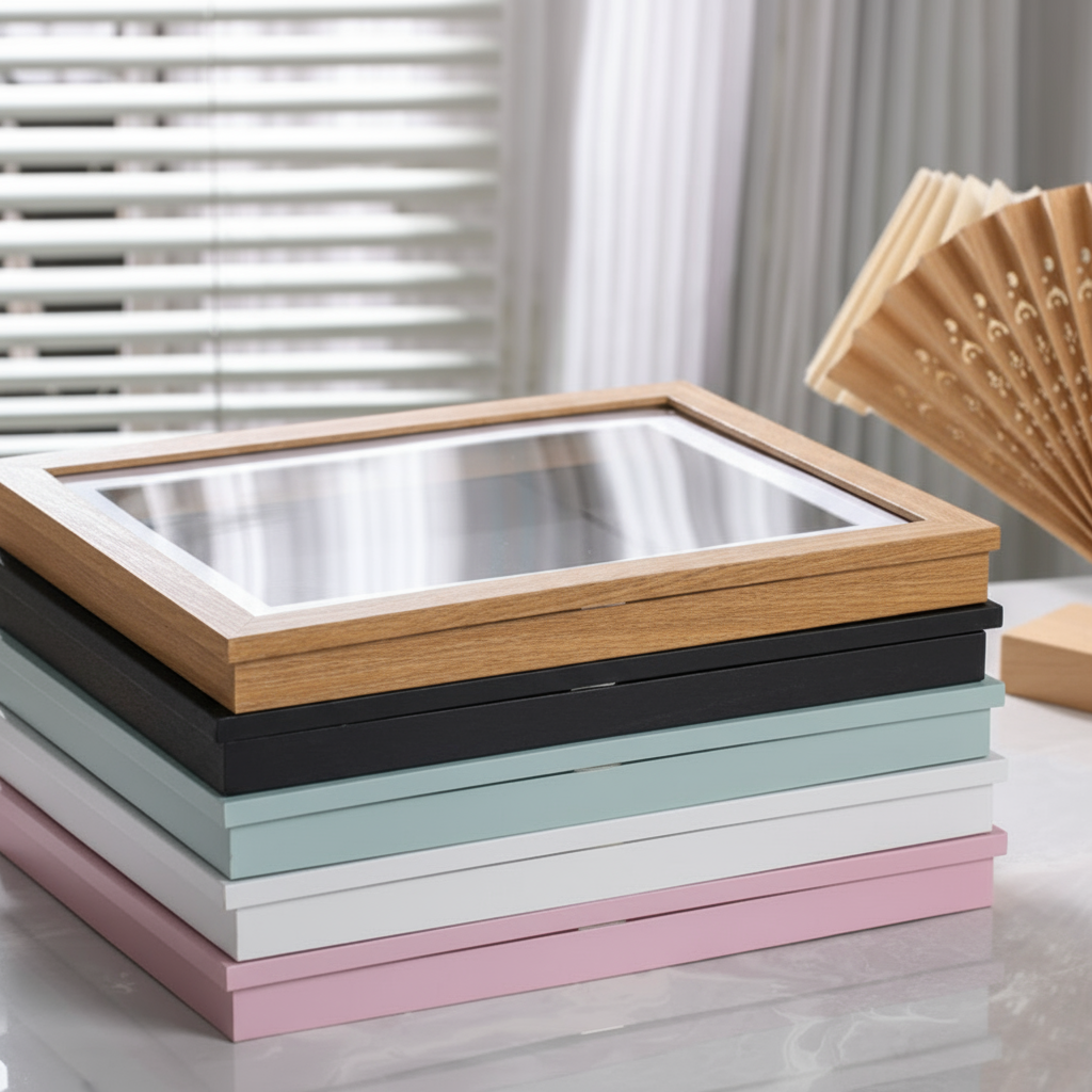 Wooden art frames stacked in wood-tone, black, blue, white, and pink finishes