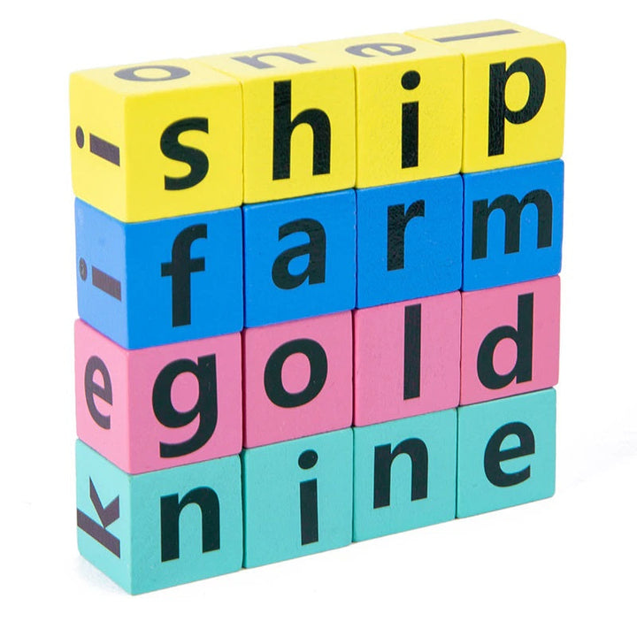 Stacked wooden letter blocks spelling ship, farm, gold, and nine