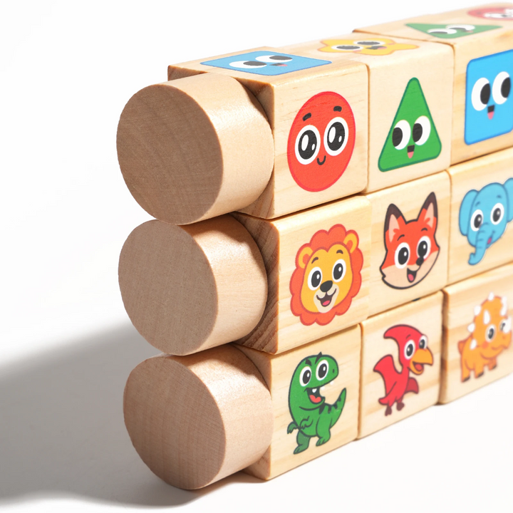 Close-up of stacked wooden puzzle bars showing shape, animal, and dinosaur cubes