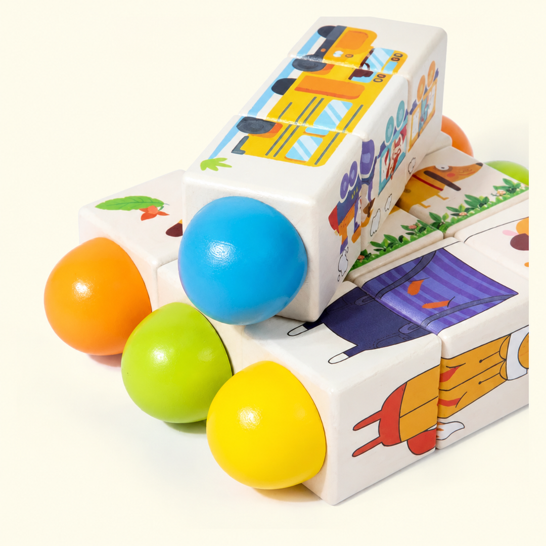 Stacked wooden picture puzzles with blue, orange, green, and yellow rounded ends