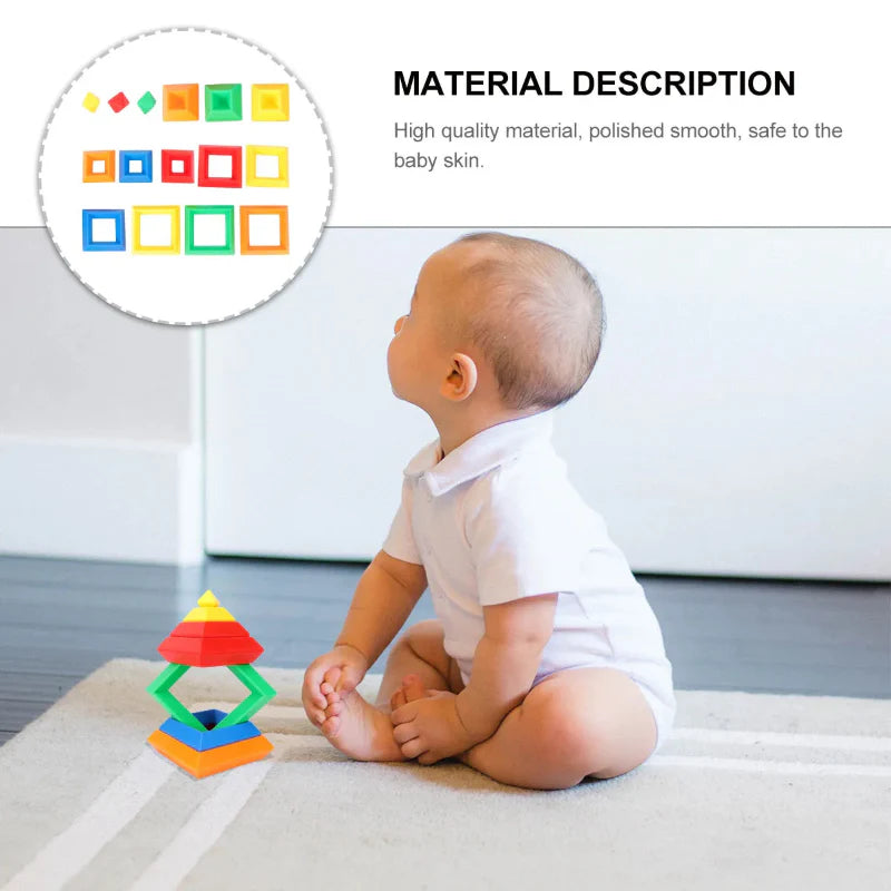 Child sitting beside a stacked block tower with a material-detail inset