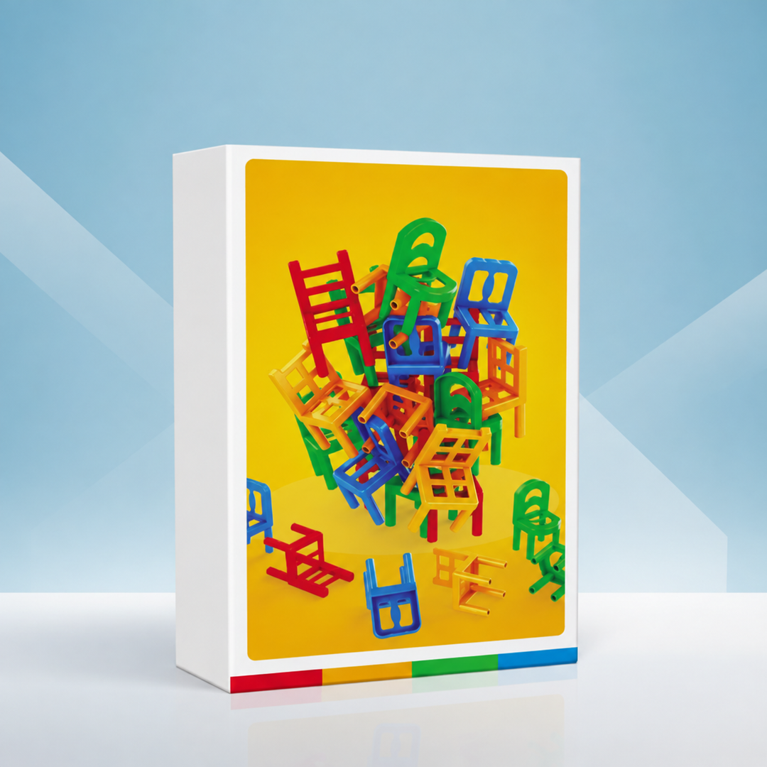 Stacking chairs game box with colorful chair artwork on the front