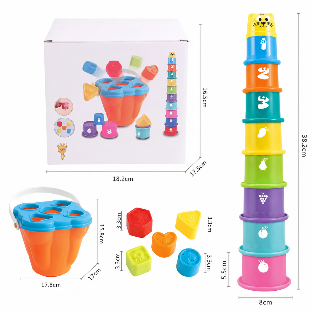 Dimension chart showing the stacking cup tower, sorting container, shape blocks, and box