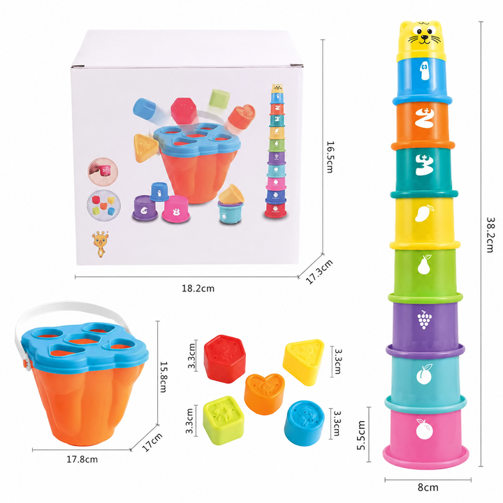 Dimension chart showing the stacking cup tower, sorting container, shape blocks, and box