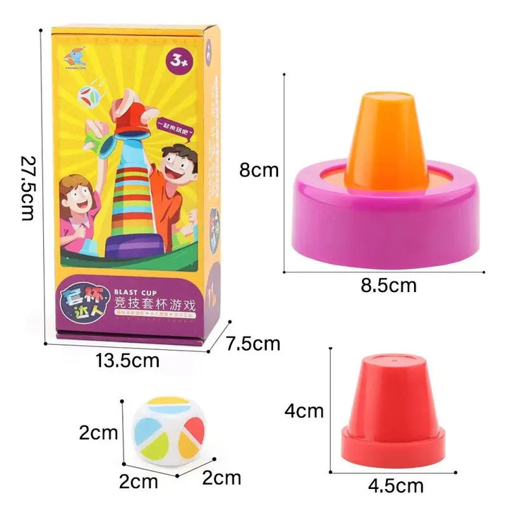Measurements for the game box, stacking base, cup, and color die
