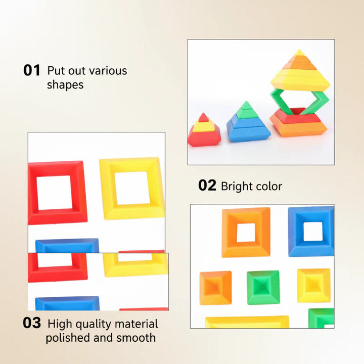 Detail collage showing stacked shapes, bright block colors, and square frame edges