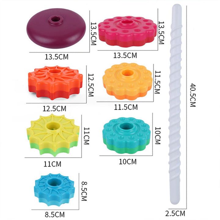 Measurements for the stacking tower base, colorful discs, and spiral post