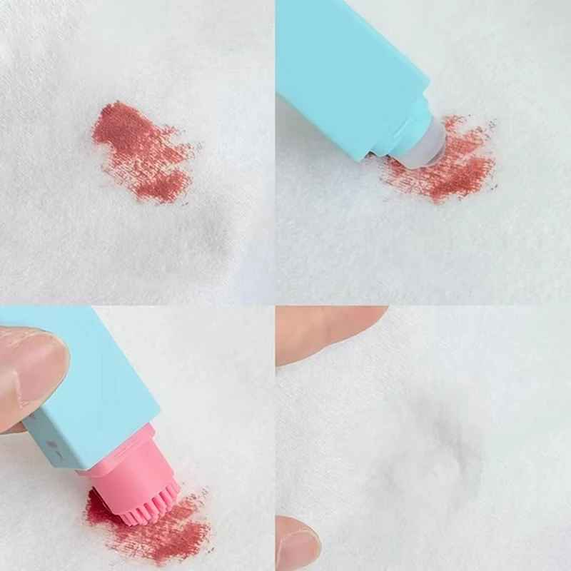 Four-panel demonstration of liquid and brush application on a reddish stain on white fabric