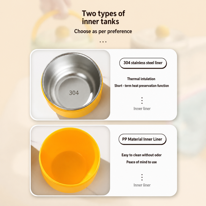 Graphic comparing a stainless steel inner bowl with a plastic inner bowl.