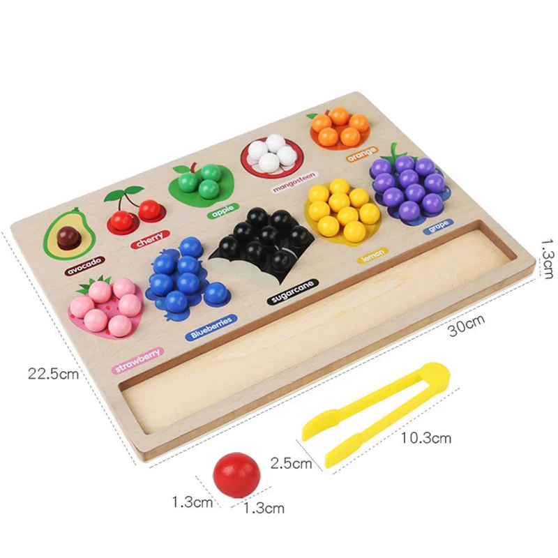 Standard Set measurement diagram with a 30 x 22.5 cm board, colored balls, and yellow tongs