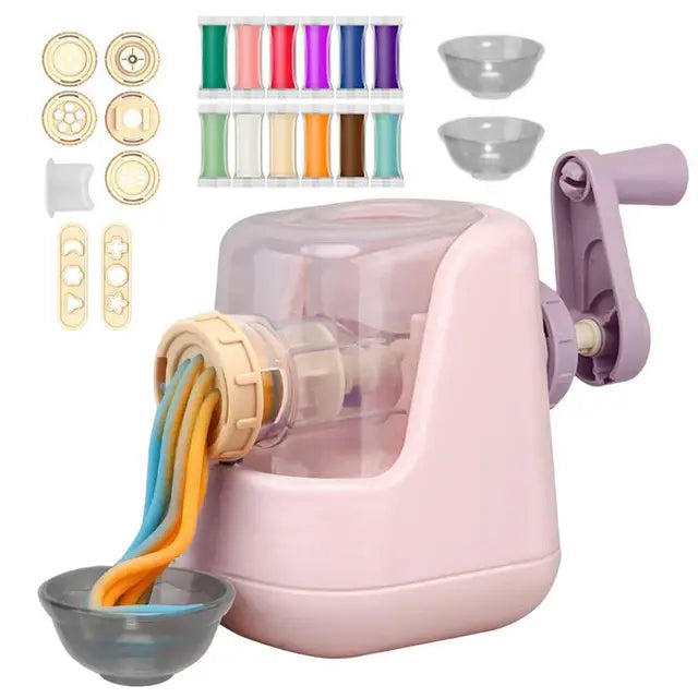 Standard set showing a pink pasta maker, 12 clay colors, and shaping accessories