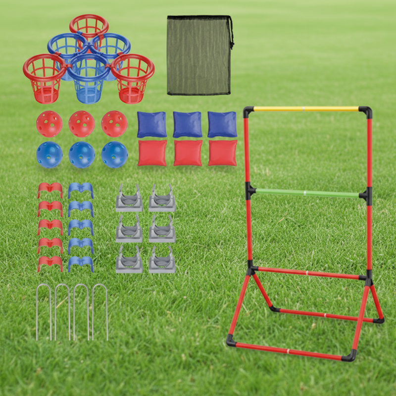 Standard toss game contents with frame, six baskets, beanbags, balls, clips, ground stakes and storage bag.