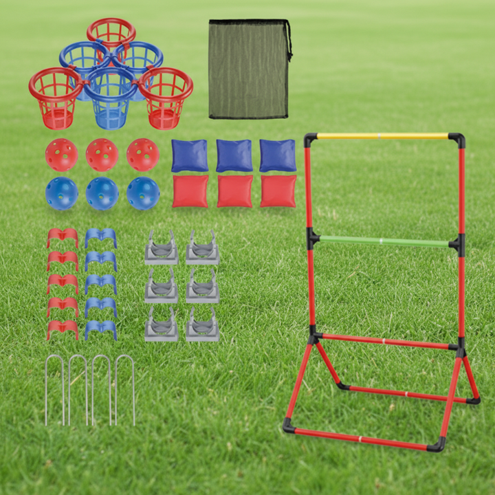 Standard toss game contents with frame, six baskets, beanbags, balls, clips, ground stakes and storage bag.
