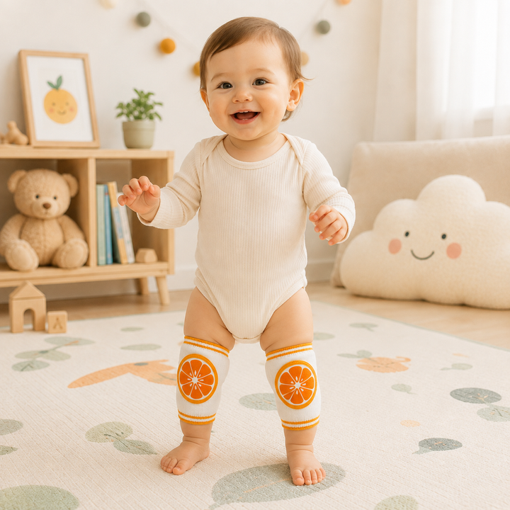 Baby standing on a rug wearing orange-slice knee pads.