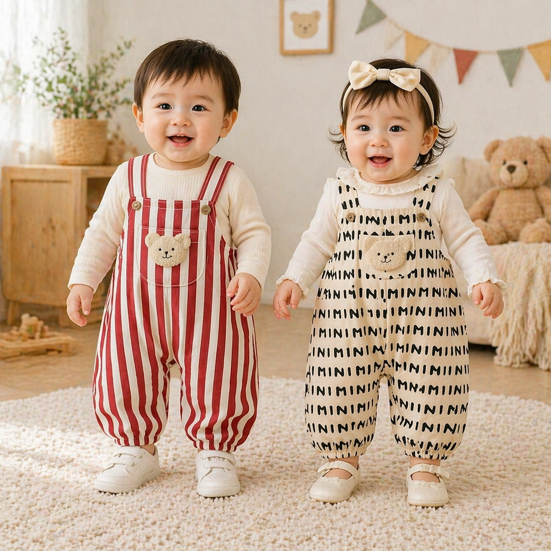Two children standing together in red striped and beige MINI-print teddy rompers