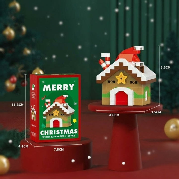 Mini block Christmas cottage with a star detail, shown with model and box dimensions