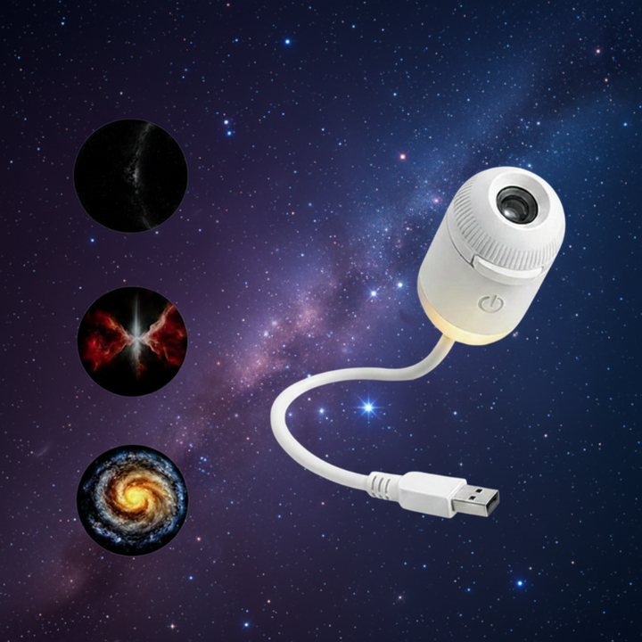 White USB galaxy lamp with three star, nebula, and galaxy disc previews