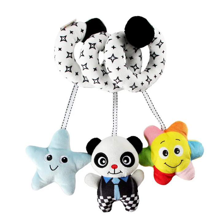 Black-and-white star-pattern spiral toy with a hanging blue star, panda, and colorful flower.