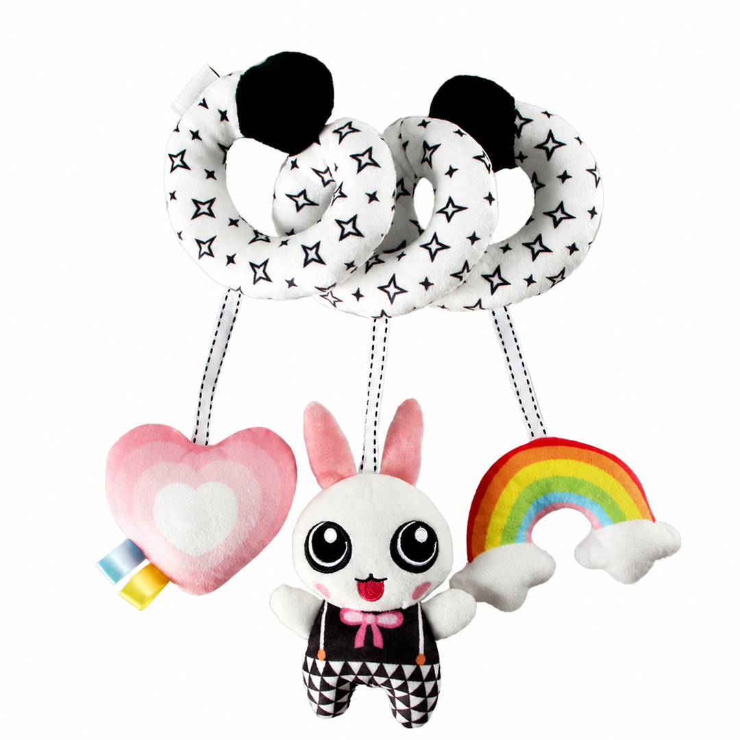 Star-pattern spiral activity toy with a hanging pink heart, rabbit, and rainbow.