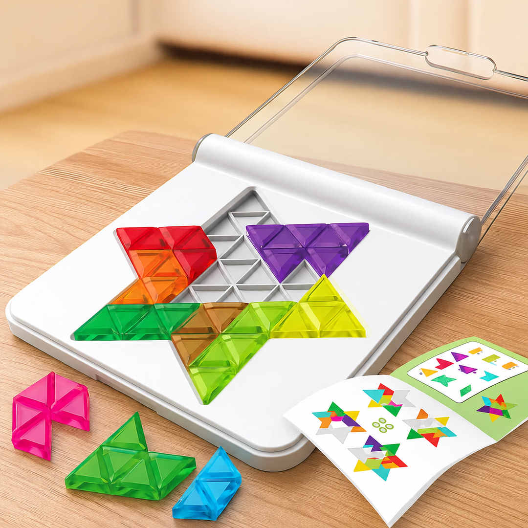 Star-shaped puzzle layout in a white case with colorful pieces and an open activity booklet